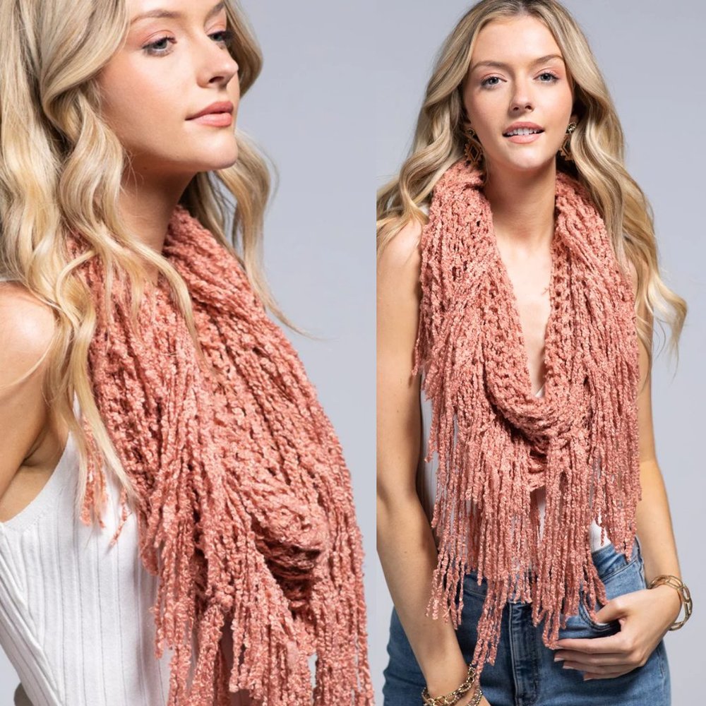 Boho Blush Pink Net Infinity Scarf Tassel Fringe Accent